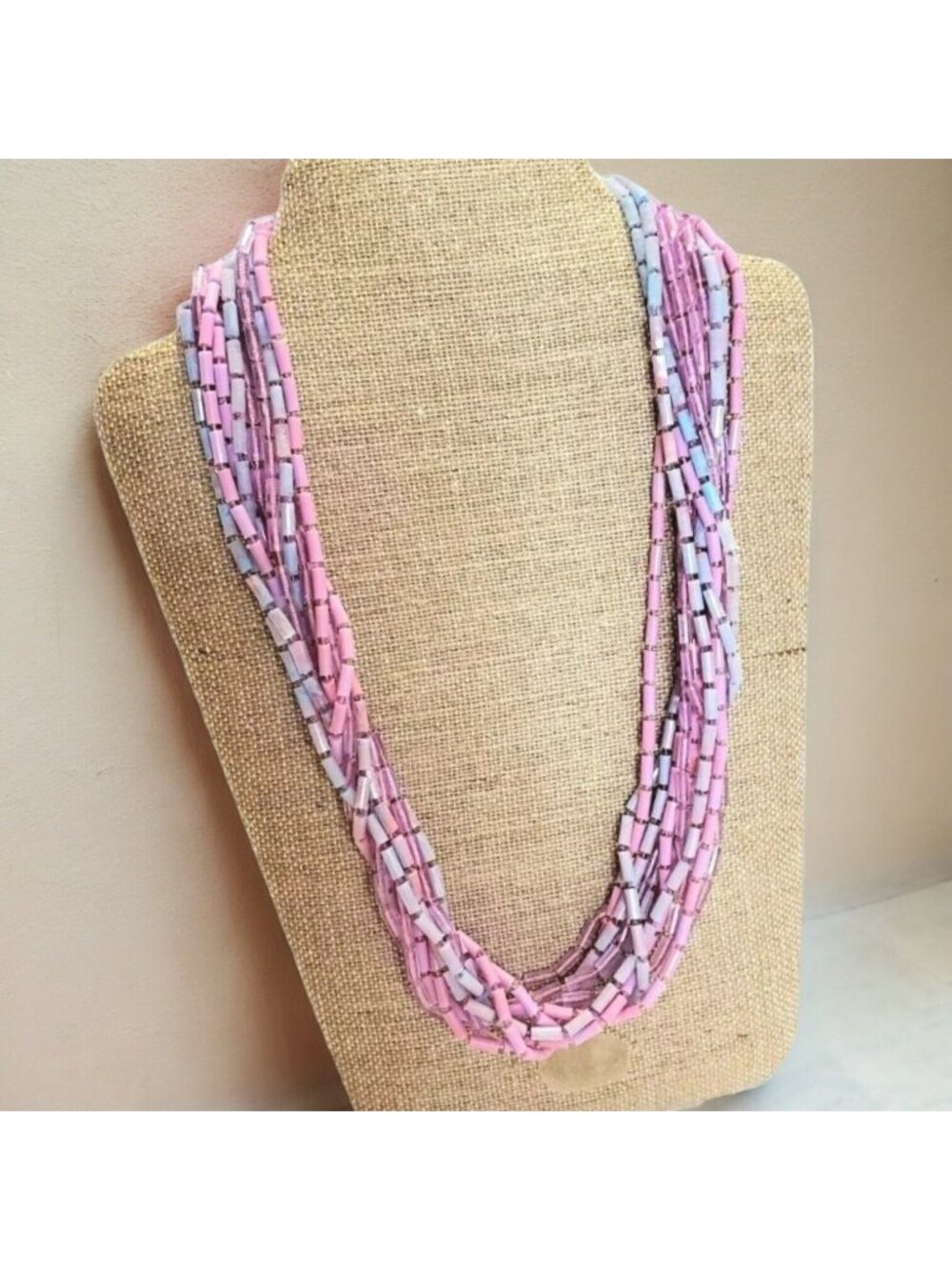 Vintage multi strand Necklace with box clasp plastic beads pink purple 22 inches